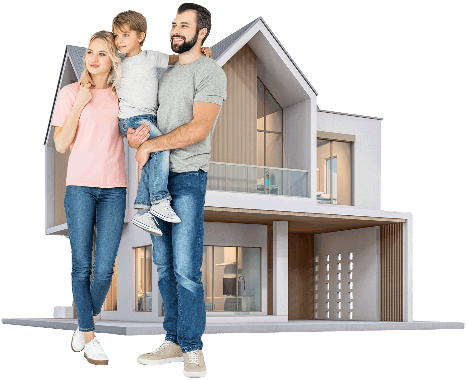 Familie steht vor einem Einfamilenhaus